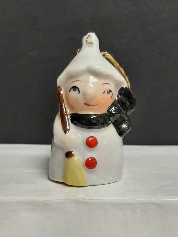 Vintage Commodore Snowman with Broom Bell Christmas Ornament Made in Japan