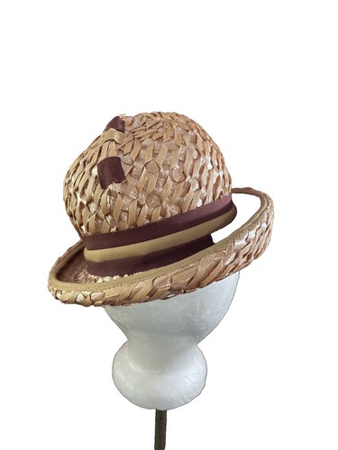 Vintage 1960s Mod Straw Woven Hat Vintage Straw Bow Women Bowler Hat, 1950s-60s Hat, Breton  main image 3