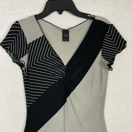 VTG Geometric Blouse Tank Top Sz XS Cap Sleeve Boho V Neck 90s Y2K Black Striped - Picture 4 of 8