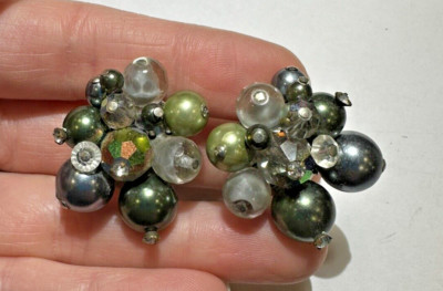 Vintage VENDOME Grüne AB Glasperlen Cluster Strass Clip-On Ohrringe 4a 2,2