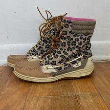 Sperry Top Sider Boots Girls Size 6 Leopard Print Studded Lace Up Shoes