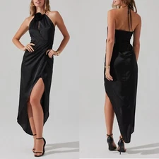 NEW ASTR The LABEL Black SATIN Floral Corsage HALTER High-Lo TULIP Midi DRESS XS