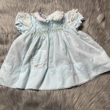 Vintage Polly Flinders Smocked Baby Girls Blue Floral Pocket Dress