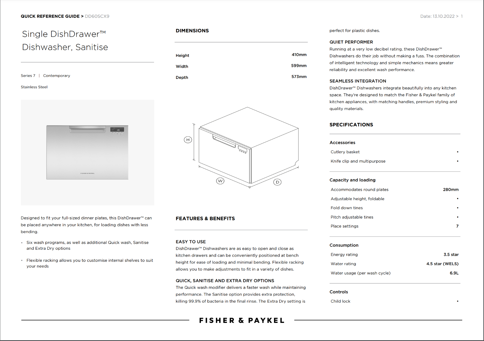 Fisher & Paykel Single DishDrawer Dishwasher Stainless Steel DD60SCX9