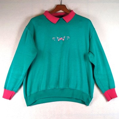 Turquoise & Pink Vintage Floral Embroidered Grandma 80's Sweater Size 18W