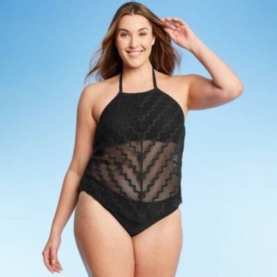 Women's Crochet High Neck Shoreline Chevron Tankini swim Top Kona Sol Black L