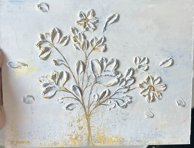 Abstraktes Blumen Modern 3D Ölgemälde/Struktur Kunstwerk/Gold und Weiß/Wanddeko