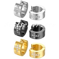 2PCS Stainless Steel CZ Inlaid Cross Huggie Hoop Earrings Mens Womens Jewelry