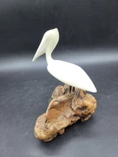Vintage JOHN PERRY White PELICAN Bird on Burl Wood Base 6" Statue Figurine 