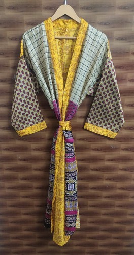 Bata kimono vintage india con retazos de seda multicolor para mujer - Imagen 3 de 9