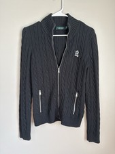 Lauren Ralph Lauren Womens M Black Cable Knit Full Zip Mock Neck Sweater Pockets