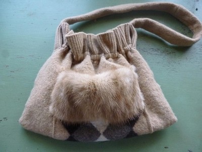 Felted Wool Argyle Purse With Fur Trim, Repurposed Sweater