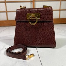 Salvatore Ferragamo Gancini Lizard Leather 2Way Shoulder Bag Brown Auth