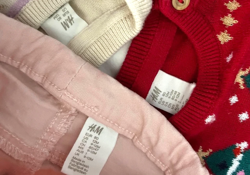 Conjunto de 3 piezas de traje de vacaciones H&M niña 12 Mos suéter rosa jean pantalones Santa nieve lote Foto 3 de 4