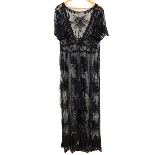 Next Black Sheer Floral Lace Embroidered Maxi Beach Coverup Dress UK L NWT - Picture 7 of 7
