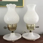 A Pair Of Vintage Milk Glass Hobnail  Electric Lamps. Great Condition!