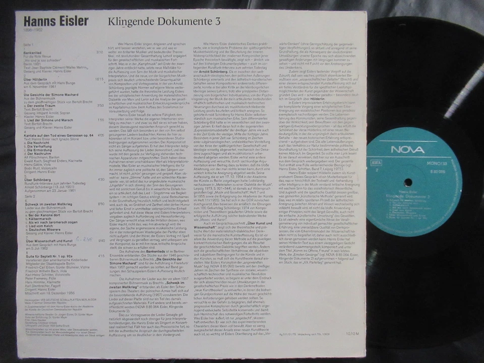 HANNS EISLER Klingende Dokumente 3 / LP DDR 1975 NOVA 880098 - Bild 2 von 4