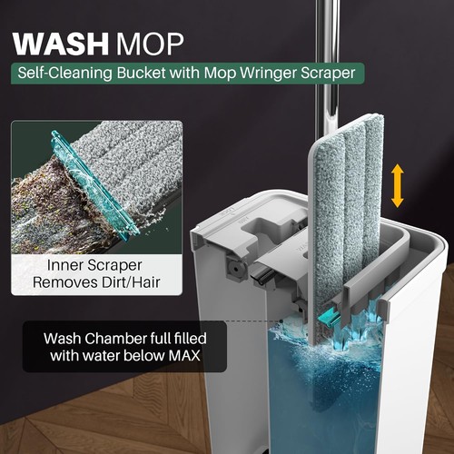 Mop and Bucket Set with Wringer, Flat Mops for Floor Cleaning, Wall Mop Cleaner - Picture 2 of 11