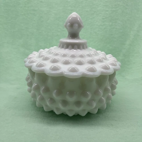 Vtg FENTON White Hobnail Milk Glass Covered Candy Dish 🌺 5.5” EUC
