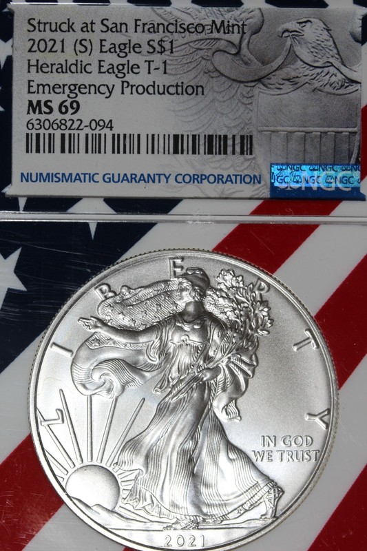 2021 S NGC MS69 HERALDIC T-1 EMERGENCY PRODUCTION AMERICAN SILVER EAGLE #B51858