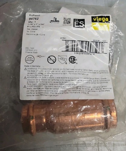 NEW Viega 94762 ProPress Copper 1-1/4" x 1" x 3/4" Tee C x C x C ~ Free Shipping