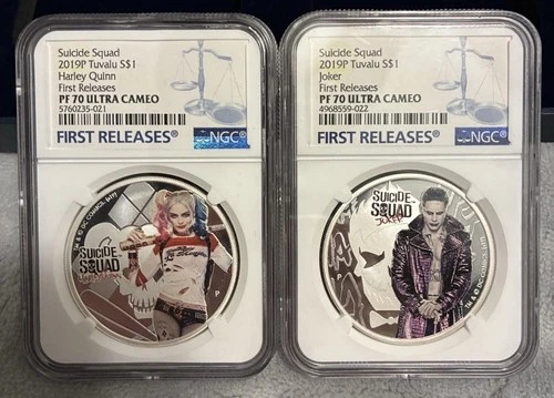 2019 Tuvalu Suicide Squad Joker & Harley Quinn 1 oz Silver both NGC PF70 UC FR