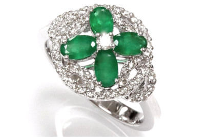 1.4 ctw Natural Green Emerald Diamond Solid 14k White Gold Clover Cocktail Ring