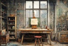 VINTAGE ARTIST STUDIO ART PRINT, Painting Wall Decor, Book Lover Poster E463