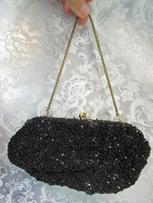 Vintage La Regale Satin Sequined Beaded EVENING PURSE Clutch Handbag Snake Chain