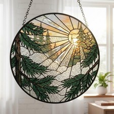 Forest Stained Glass Suncatcher, Pine Tree and Mountain Sunrise Decor, Nature