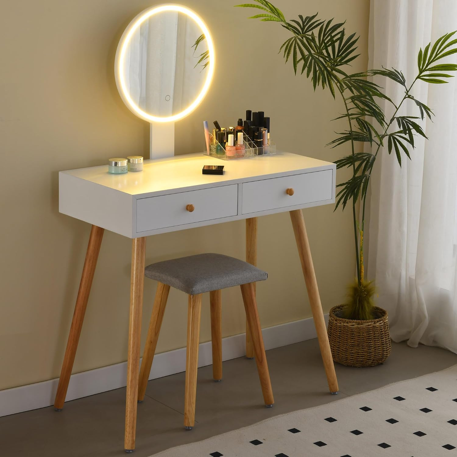 TUKAILAi Dressing Table with Mirror and Stool and Lights Corner Vanity Makeup Desk Set with Drawers, 1 Mirror, Shelves and Stool Bedroom Furniture 27 Dressing Table with Mirror and Stool White 80Cm Length with Lights for Daily Mak