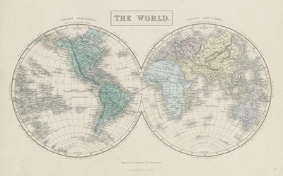 Welt Zwillingshalbkugeln. Western & Osthalbkugeln. SIDNEY HALL 1856 Karte
