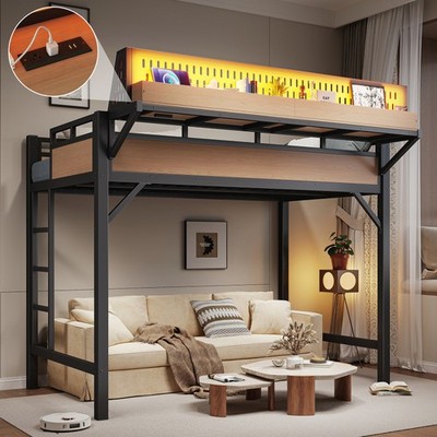 Full Queen Size Loft Bed w/Storage Stairs,Metal Loft Bed Frame w/ Storage Shelve