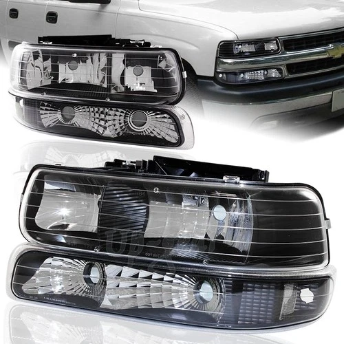 For 2000-2006 Chevy Tahoe Black Housing Headlights+Bumper Clear Reflector Lamps
