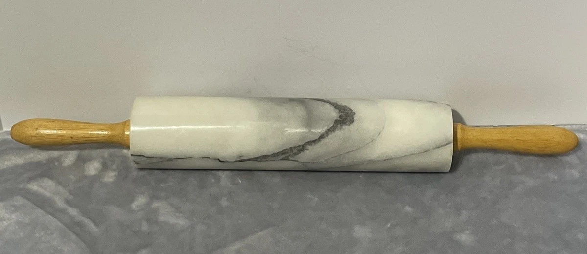Vintage Marble Rolling Pin 18" Polished Grey With Wood Stained Handles