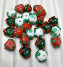 24 Handmade Lampwork Glass Christmas Beads -Red, Green, White Flowers -Stunning.