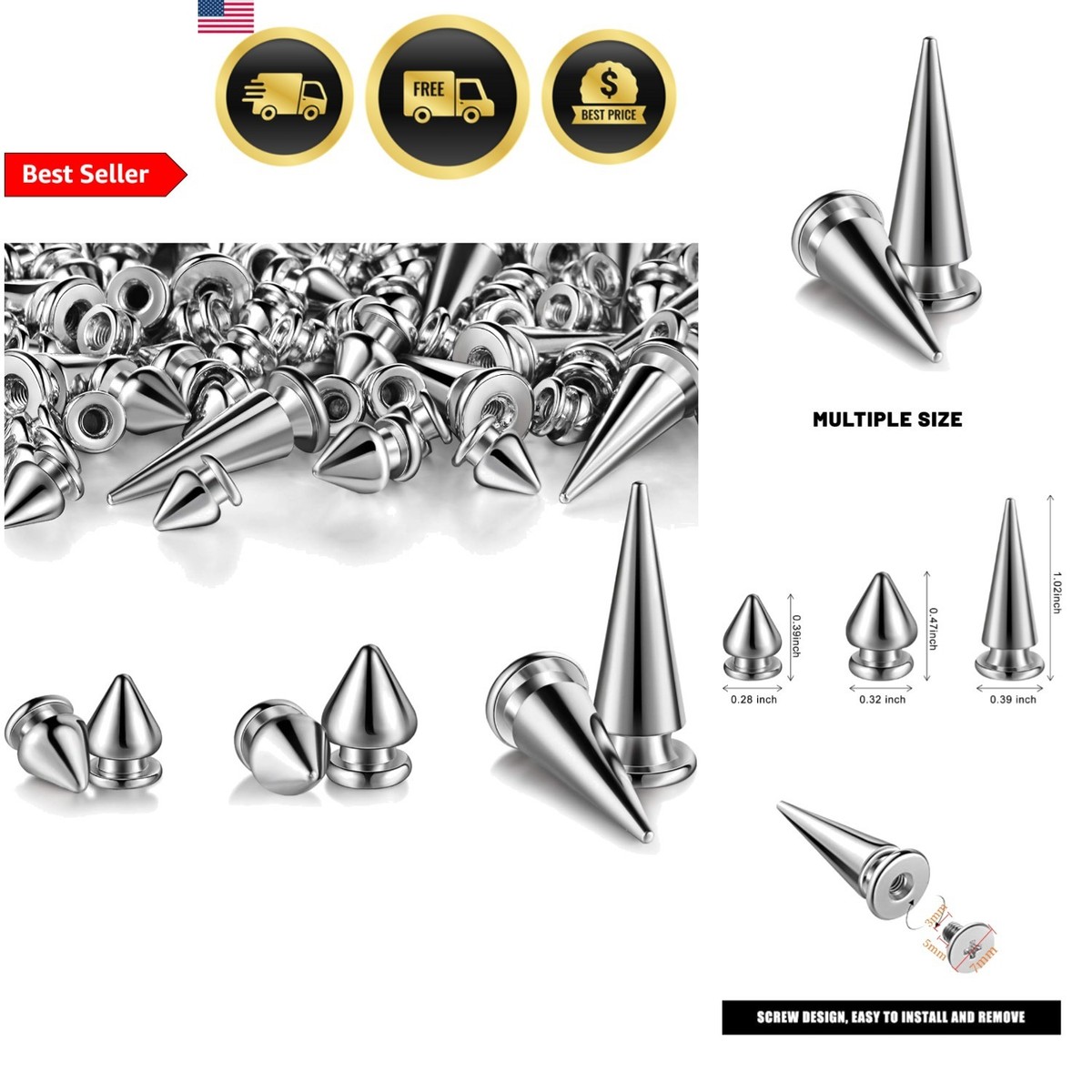 175 set spikes for kleding, zilveren kegel spikes screwback studs, 12 type grote studs for jas schoen ambachten