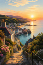 Coastal Village Sunset Path Harbour Poster Print Framed Canvas Wall Art