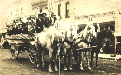 RPPC Horse Wagon Parade Float Men Women USA Flag Patriotic Plainwell MI #167