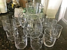 Large 9 1/2" Tall, 6" base Blown Glass Pitcher and Sets of 6 ea. Dotted Glasses