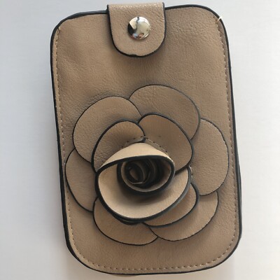 Flower Wristlet Mini Purse Flip Phone Card Wallet Snap Close Tan Silver Faux