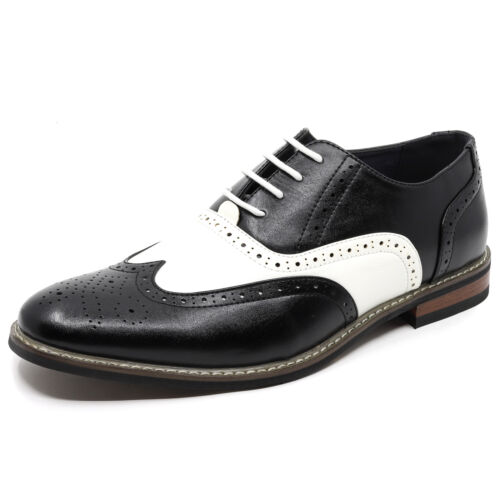 Zapatos de vestir Oxford con cordones y punta de ala perforada de dos tonos negros blancos para hombre - Imagen 2 de 12