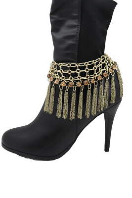 Women Gold Chain Fringes Tassel Web Western Boot Band Bracelet Shoe Wide Charm 