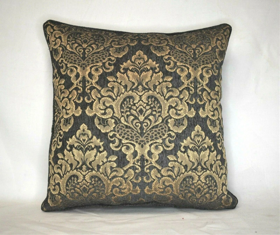 grey and gold embroidered chenille throw pillow handmade in usa for sofa chair - Image 2 of 4