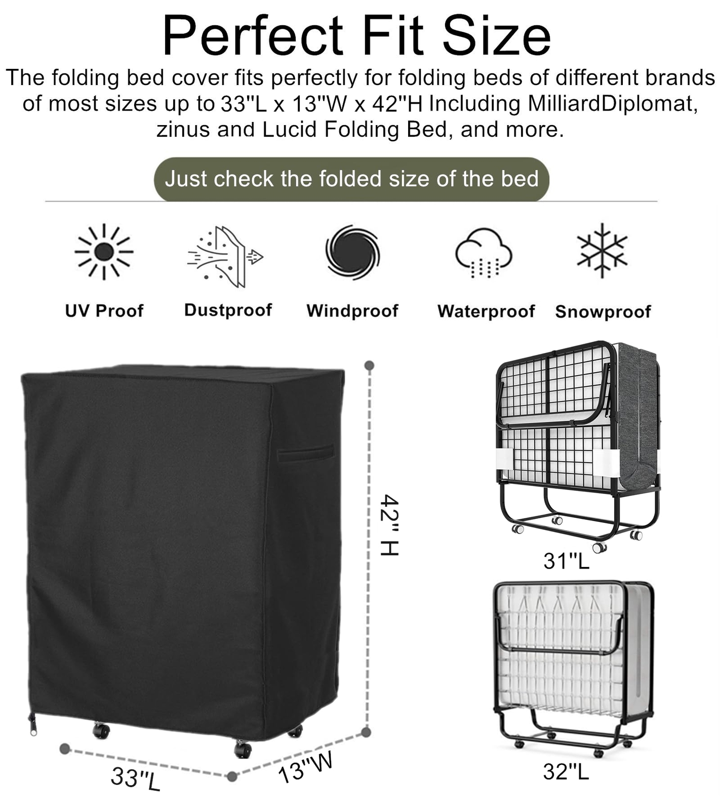 Rollaway Bed Storage Cover 33 Inch with Metal Zipper and Adjustable Straps
