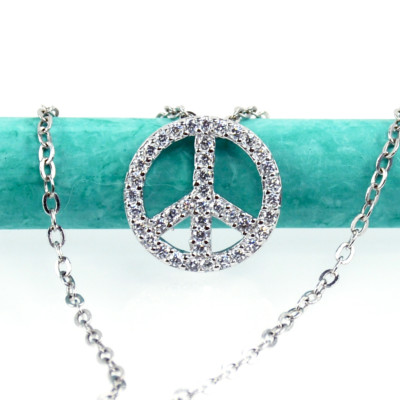 Solid 925 Sterling Silver Peace Sign Necklace Pendant, Laszlo V Fine Jewelry