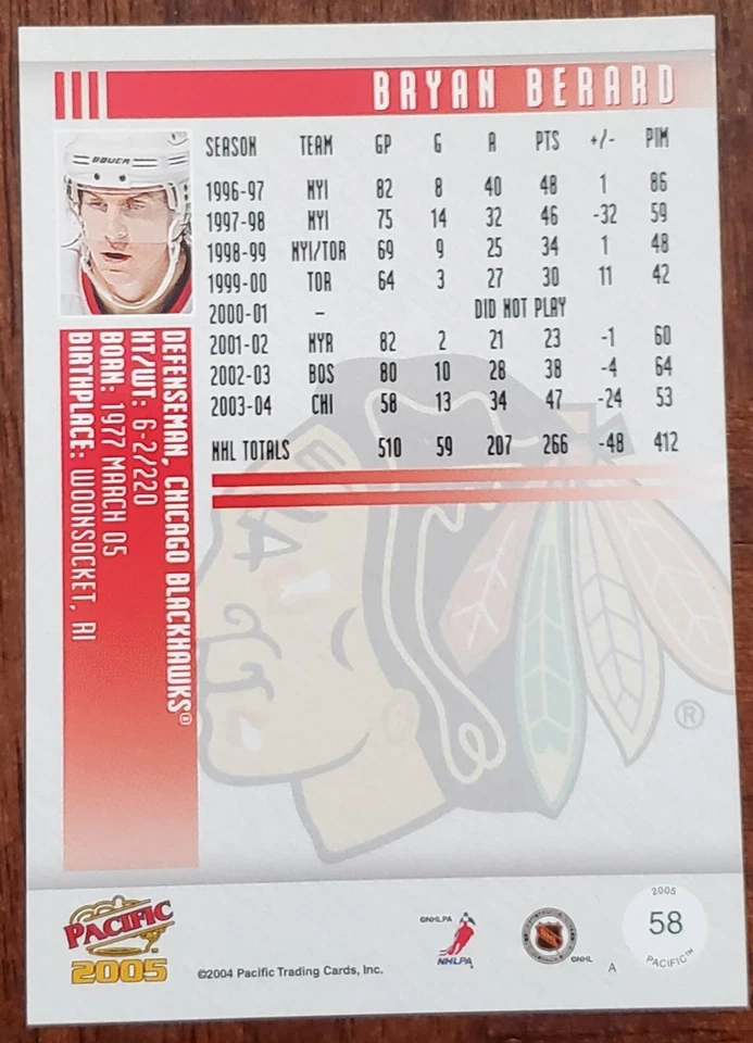 2004-05 PACIFIC BRYAN BERARD CHICAGO BLACKHAWKS CARD #58 NM/MT - Image 2 of 2