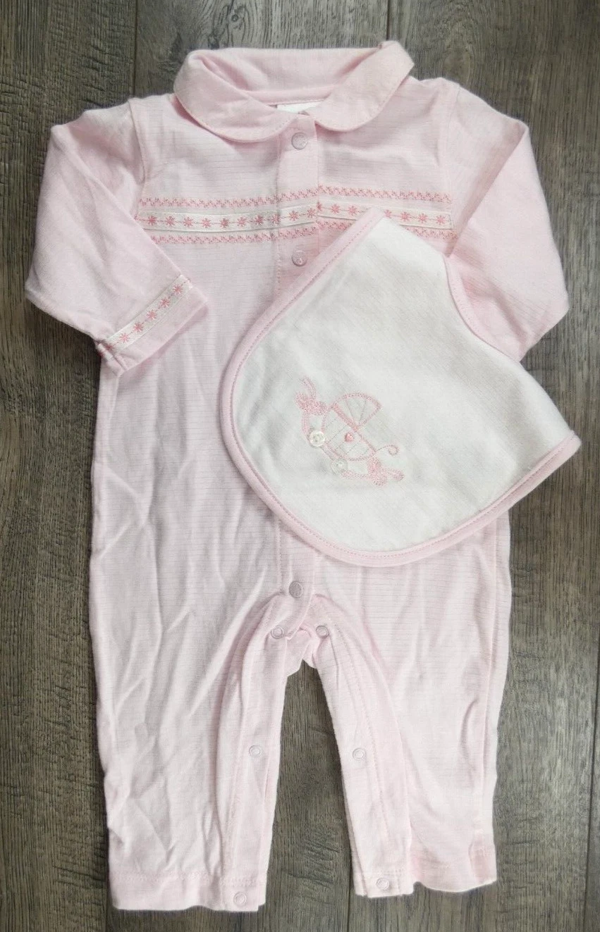 Baby Girl Clothes Nwot Absorba 3-6 Month 2pc Pink Carriage Ribbon Outfit & Bib