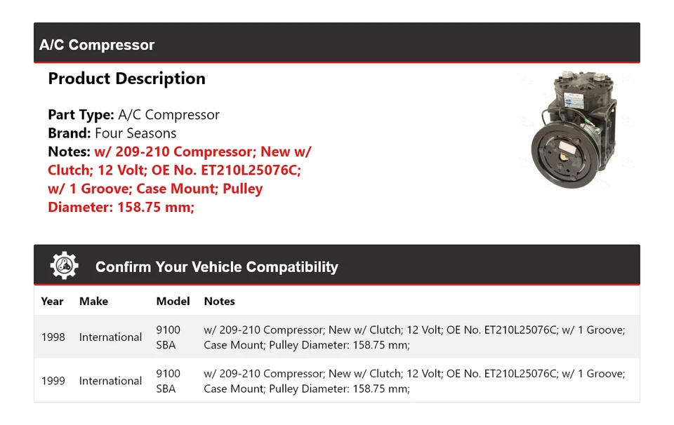 Compresor de aire acondicionado International 9100 SBA 1998-1999 4 estaciones Foto 2 de 4