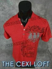 Mens Henley T-Shirt Red Limited Eagle Print Black Trim VERTICAL Casual Sport